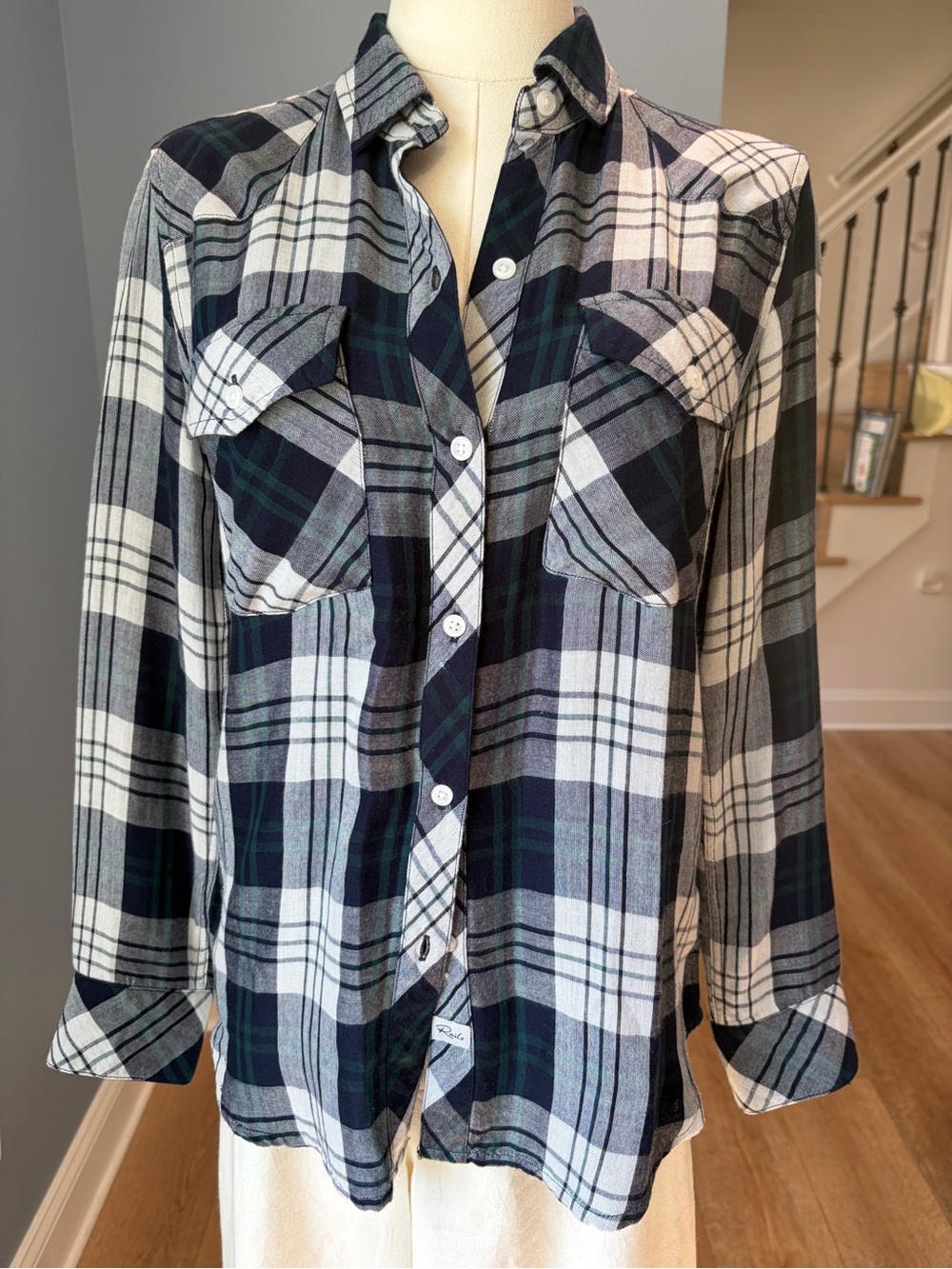 Rails Plaid Button Down Shirt Navy Green White Flannel XS